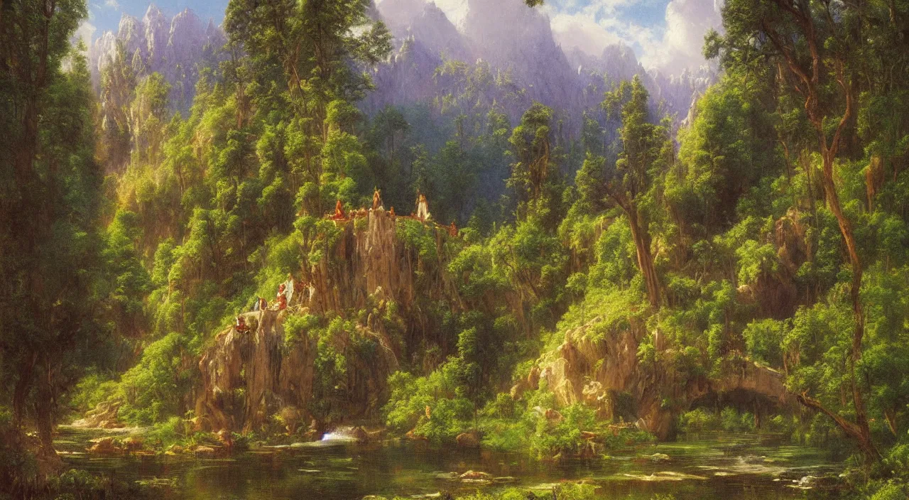 Image similar to Rivendell painted in the style of Albert Bierstadt, oil painting, wide angle, highly detailed