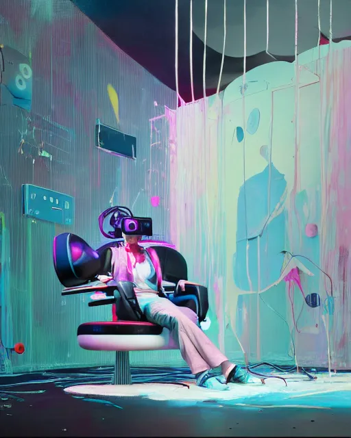 Image similar to a cosplay model reclines in a gaming computer chair wearing a vr headset and headphones holding a game controller, in a domestic interior filled with screens by james jean and luc tuymans and beeple and hernan bas and pat steir and hilma af klint, psychological, 3 d, dripping paint, high quality render, masterpiece