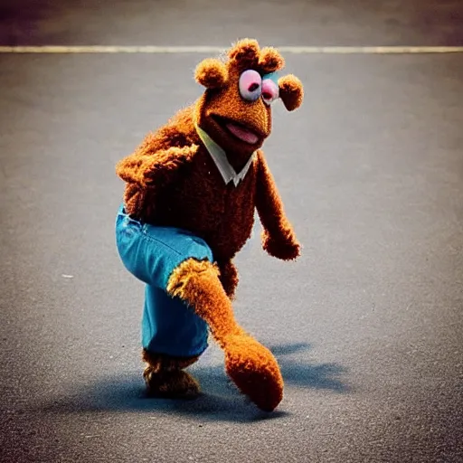 Prompt: “ fozzie from the muppets drop kicking a child ”