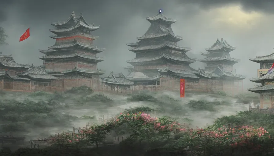 Image similar to magnificent city in ancient china in late spring, flowers will fade, some fog, realistic style, high details, scene concept., trending on artstation