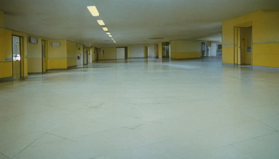 Image similar to 60s movie still of a sovietic stalinist style empty hospital corridor with light yellow tiles floor, cinestill 800t 50mm eastmancolor, liminal Space style, heavy grain-s 150