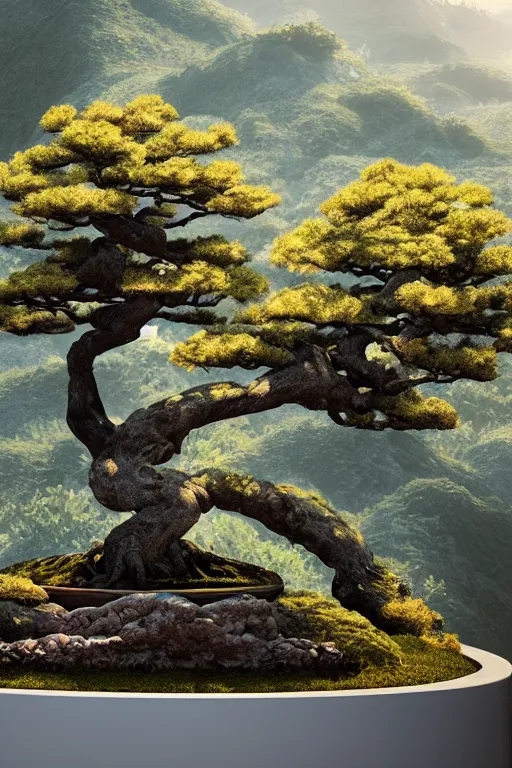 Image similar to photo of a mystical bonsai on top of a chinese mountain, unreal 5, DAZ, hyperrealistic, octane render, Regal, Refined, Detailed Digital Art, dynamic lighting, Highly Detailed, Cinematic Lighting, Unreal Engine, 8k, HD