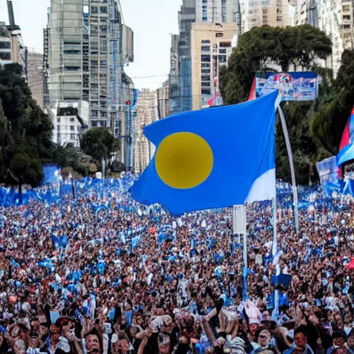 Image similar to Lady Gaga as president, Argentina presidential rally, Argentine flags behind, bokeh, giving a speech, detailed face, Argentina