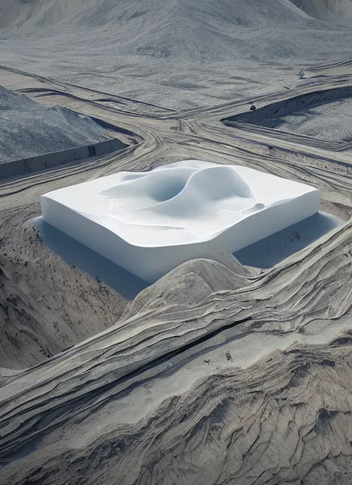 Image similar to bioremediation white architecture, in the mining tailings of chuquicamata, epic, cinematic, hyperealistic, high detailed, corona render, hdr, ray tracing