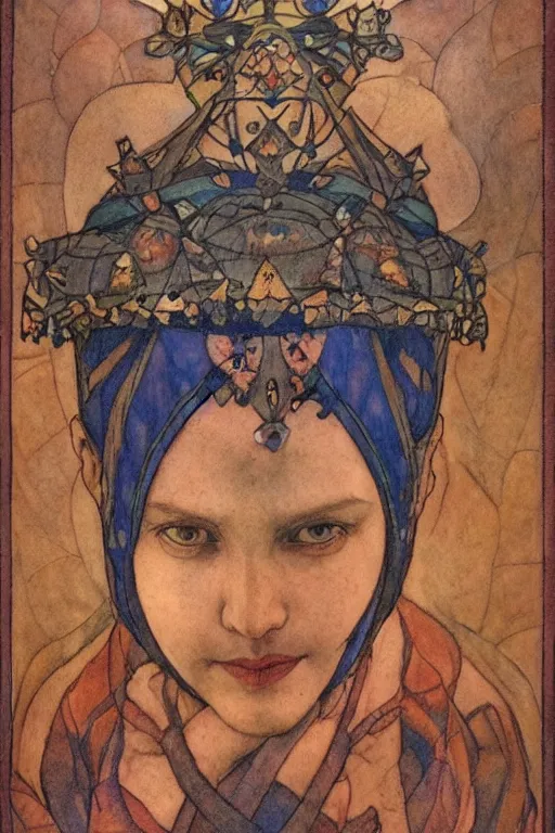 Image similar to the lantern crown, by Annie Swynnerton!!!! and Nicholas Roerich! and (Edmund Dulac) and ((((Diego Rivera)))), tattoos, elaborate costume, geometric ornament, symbolist, rich colors, dramatic lighting, smooth, sharp focus, extremely detailed