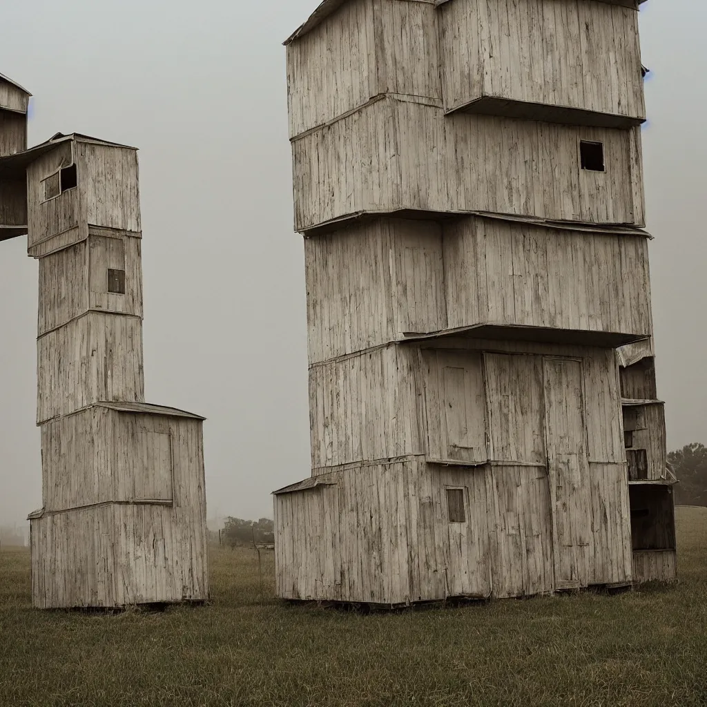 Image similar to two towers, made up of stacked makeshift squatter shacks with bleached colours, plain uniform sky at the back, misty, mamiya, shallow depth of field, ultra sharp, very detailed, photographed by julie blackmon