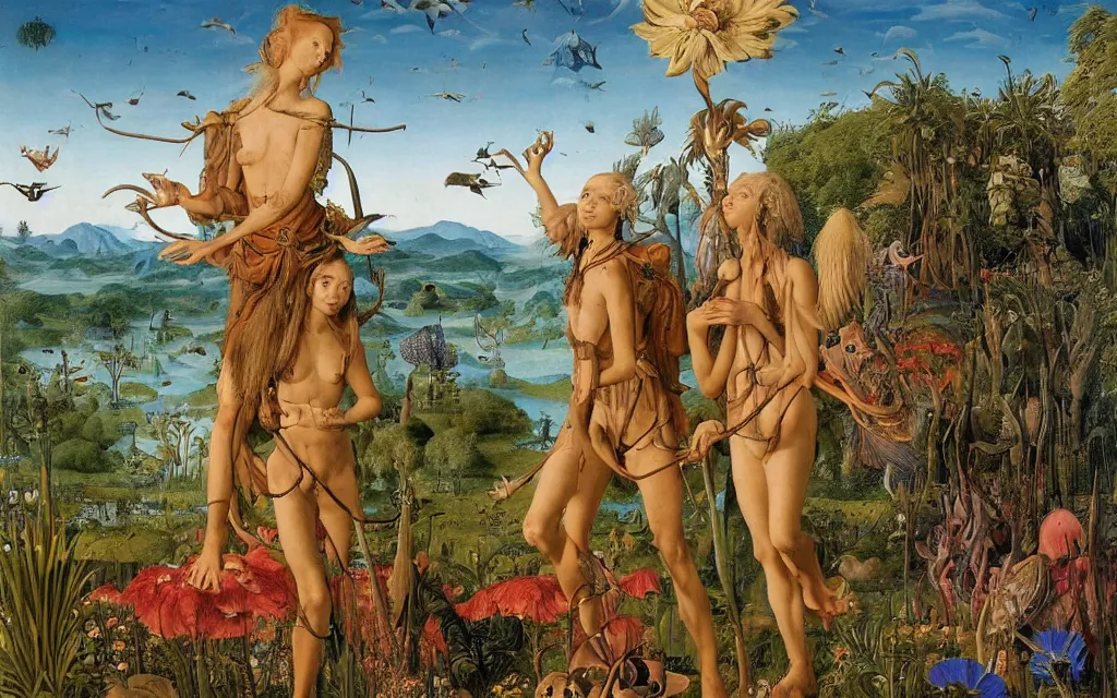 Image similar to a portrait photograph of a meditating harpy and a centaur king hunting tropical aliens at a wide river delta. surrounded by bulbous flowers, animals, trees and mushrooms. mountain range under a vast blue sky of burning stars. painted by jan van eyck, max ernst, ernst haeckel and artgerm, cgsociety, artstation, fashion editorial