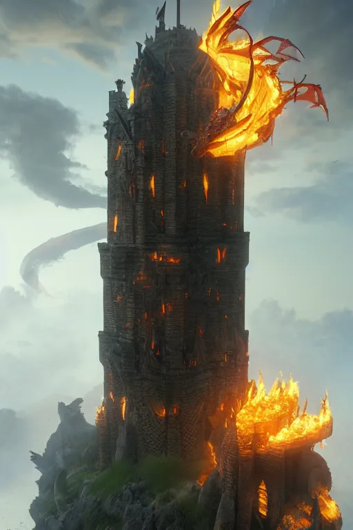 Image similar to a dragon burning the tower, 3 d model, unreal engine 5, sharp focus, detailed matted painting, 4 k, epic lighting, artstation, by antoine di lorenzo