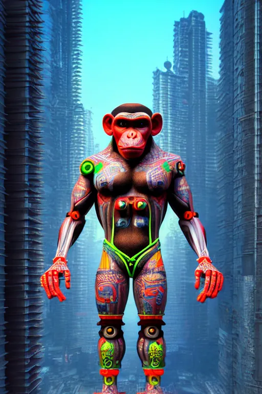 Prompt: high quality 3 d render stylized mischievous cyborg muscular man monkey hybrid, neon madhubani, highly detailed, cyberpunk!! mumbai in the background, unreal engine cinematic smooth, szukalski ravi varma, moody light, low angle, uhd 8 k, sharp focus