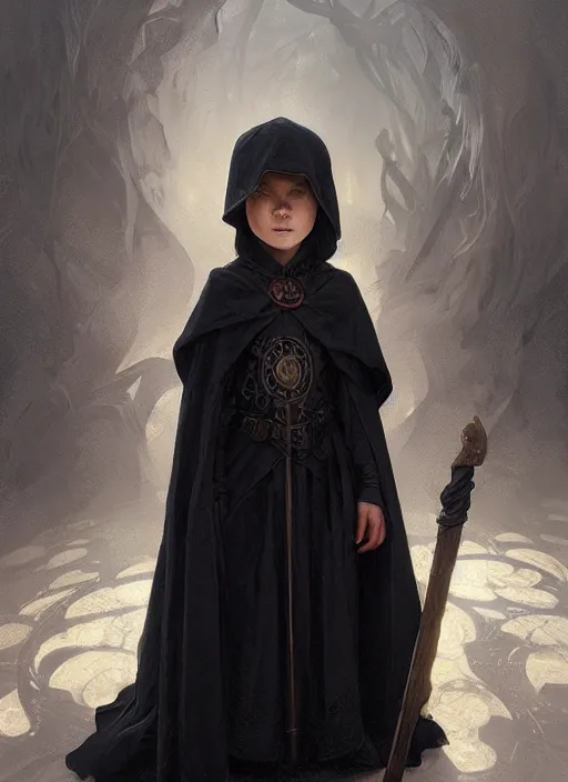 Image similar to perfectly - centered - portrait of a kid wearing black cloak holding stick, intricate, highly detailed, digital painting, artstation, concept art, smooth, sharp focus, illustration, unreal engine 5, 8 k, art by artgerm and greg rutkowski and alphonse mucha