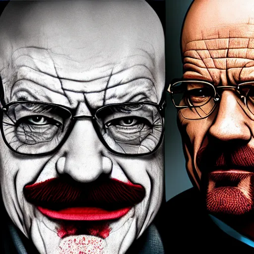 Image similar to walter white as joker, 8k, hyper Realistic, natural lighting