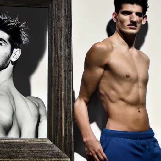 Image similar to a realistic detailed photo of a guy who is an attractive humanoid who is half robot and half humanoid, who is a male android, soccer player alvaro morata, shiny skin, posing like a statue, blank stare, in a living room, on display, showing off his muscles, with a twin