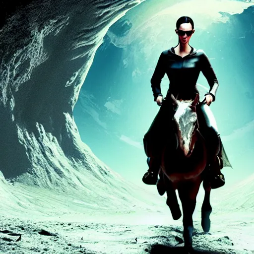 Image similar to neo from the matrix riding a horse on moon, detailed, hyper realistic, 4 k octan render, unreal 5