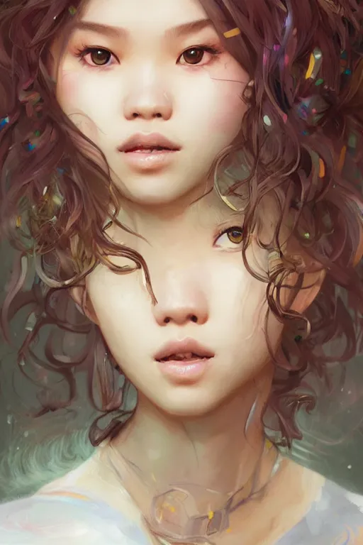 Prompt: portrait of a cute Thai girl with a messy curly hair, pastel hair, streetwear fashion, highly detailed, digital painting, artstation, concept art, sharp focus, illustration, art by artgerm and greg rutkowski and alphonse mucha