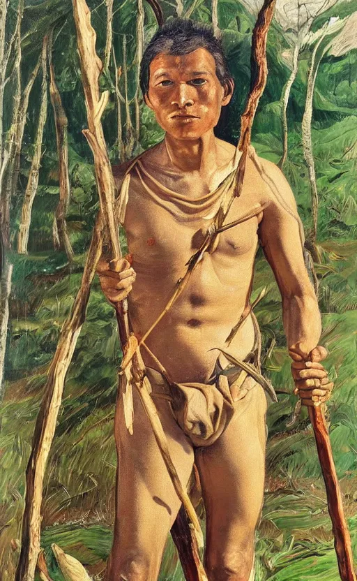 Prompt: full shot picture of indigenous people young man standing with a spear in the forest, painted by lucian freud, hd, super detailed, amazing, realistic lighting