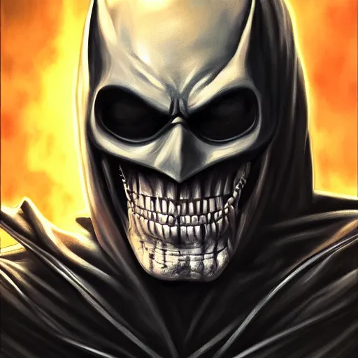 Image similar to ultra realistic portrait painting of skeletor as batman, art by mark taylor, 4 k, ultra realistic, highly detailed, epic lighting