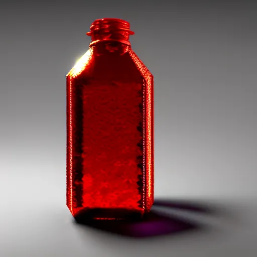 Prompt: The legendary Blood-Red Sparkling health potion in a hexagonal bottle fuming from its opening, golden lace pattern, photorealistic render