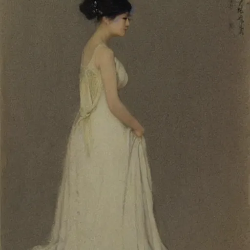 Image similar to asian girl with long hair, back view, wedding dress, by ramon casas