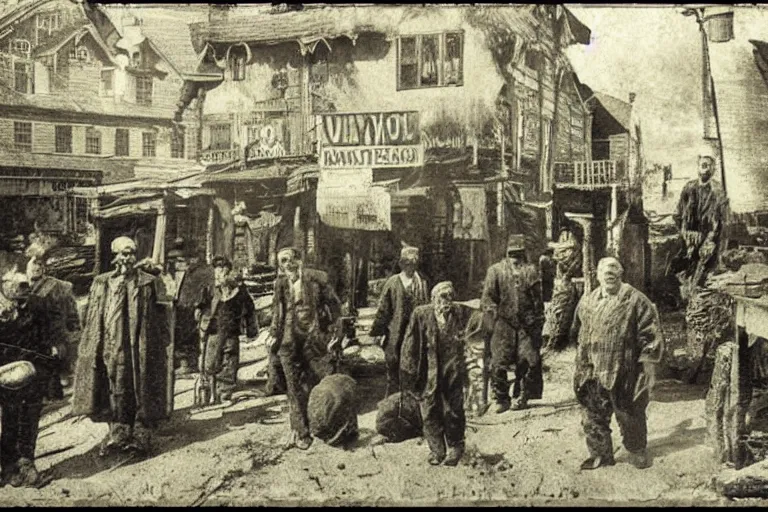 Prompt: port town of innsmouth villagers, eldritch, ominous, photorealistic, scary horror old photo
