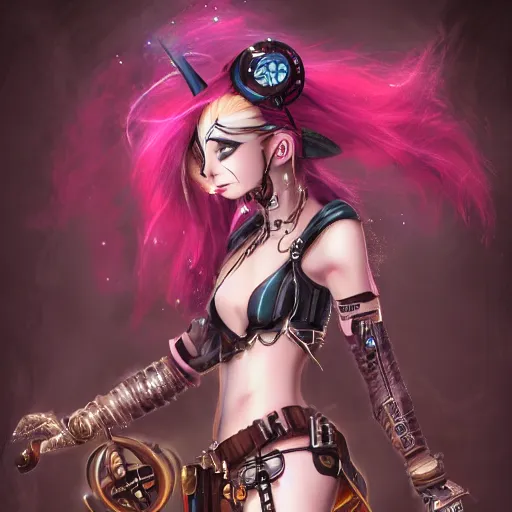 Image similar to jinx from arcane sitting on a bridge seeing hallucinations of ragnarok, artstation, steampunk style