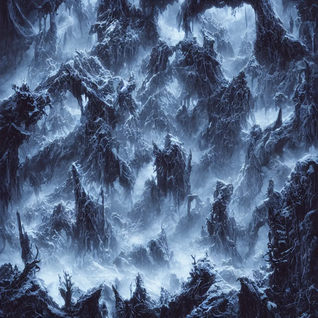 Image similar to haunted mountains of madness at night, upward cinematic angle, by rodney matthews, michael kaluta and bill sienkiewicz, ghostly darkness, thick lush winter atmosphere, stunning composition, screaming skull faces, intricate, dark eerie night color scheme, elegant, digital art, hyperdetailed, colorful hyperrealism, brilliant photorealism, horror, masterpiece, 4k