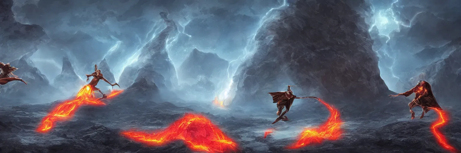 Prompt: two mysterious wizards fighting and falling towards the center of the Earth, rocks falling, lava in the background, digital art highly-detailed epic fantasy