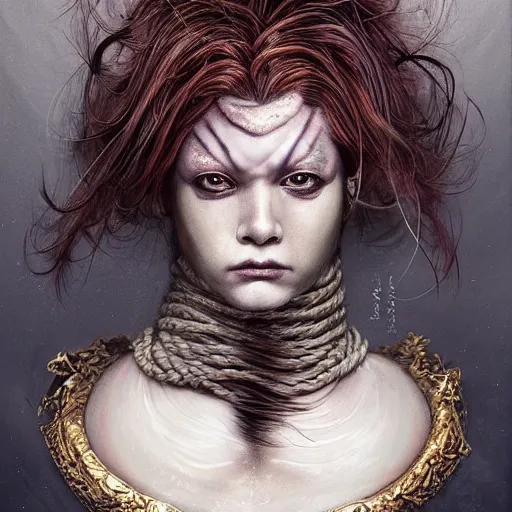 Image similar to portrait of a Shibari rope wrapped face and neck, headshot, insanely nice professional hair style, dramatic hair color, digital painting, of a old 17th century, old cyborg merchant, amber jewels, baroque, ornate clothing, scifi, realistic, hyperdetailed, chiaroscuro, concept art, art by Franz Hals and Jon Foster and Ayami Kojima and Amano and Karol Bak,