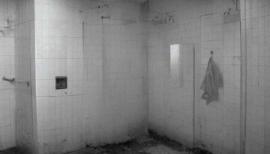 Image similar to 60s movie still of a sovietic stalinist style empty dark prison shower, cinestill 800t 50mm eastmancolor, liminal Space style, heavy grain-s 150