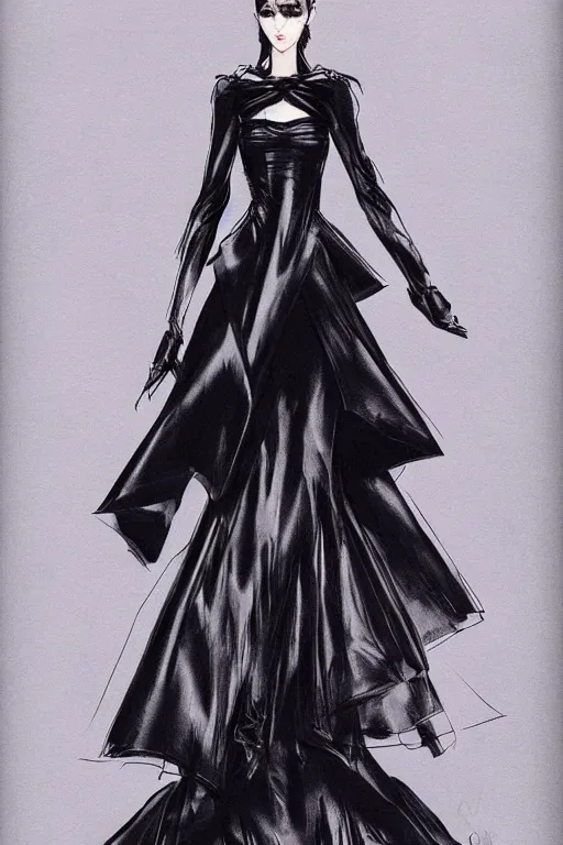 Image similar to dior haute couture dress, concept art, dark colors, high end fashion, style by yoji shinkawa, full body shot