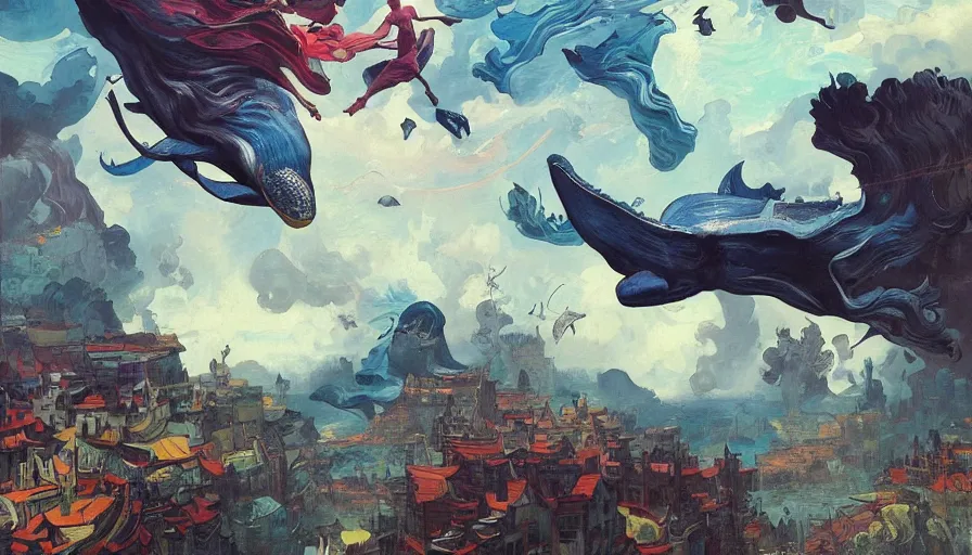 Image similar to man flying silhouette overlooking a multiversal otherworldly realm with flying whale with chic streets and shops and lush volcanic garden and intricate luxurious scifi homes, allegorical style, by peter mohrbacher, jeremy mann, francoise nielly, van gogh, ross tran, beautiful, award winning scenery, clean details, serene