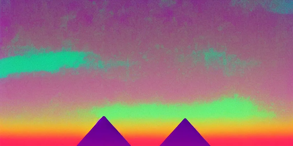 Image similar to purple digital desert, dawn, man in holographic coat, pyramids on the horizon, abstract holographic pastel, 1 9 8 0 s retro futuristic art, synthwave style, 3 5 mm photography, exposed film