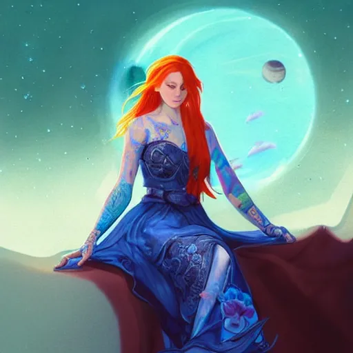 Image similar to a full body portrait of a beautiful tattooed redhead woman sitting, carrying a gun, a planet in the background. blue dress, light iridescent hair color, long windy hair style, fantasy, realistic, intricate, sharp focus, lens flare, bloom, rim light, illustration, highly detailed, digital painting, concept art, matte, art by ruan jia
