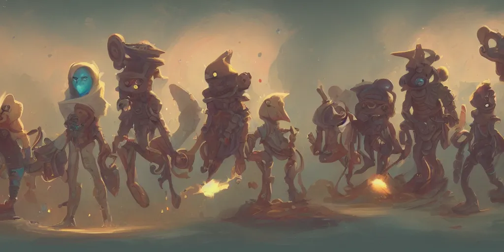 Prompt: Character concept art of a group of quirky outcast that are a crew on a small spaceship by Peter Mohrbacher