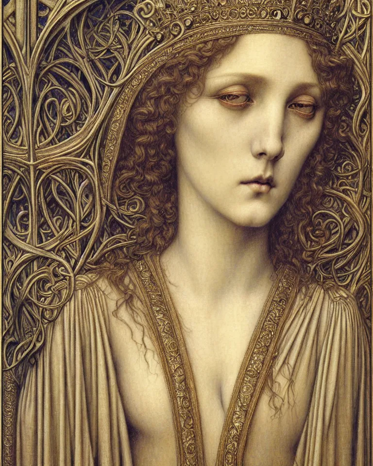 Image similar to detailed realistic beautiful young medieval queen face portrait by jean delville, gustave dore and marco mazzoni, art nouveau, symbolist, visionary, gothic, pre - raphaelite. horizontal symmetry