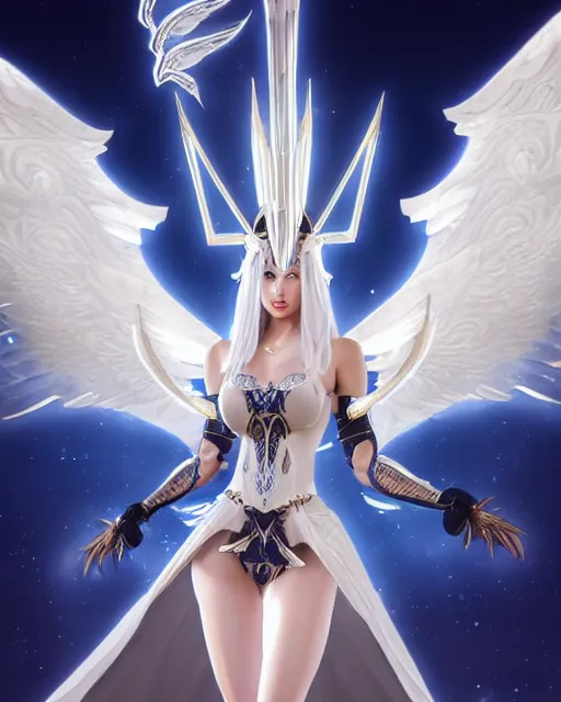 Image similar to perfect white haired egyptian goddess wearing white dove wings, warframe armor, regal, attractive, ornate, sultry, beautiful, dreamy, half asian, pretty face, blue eyes, detailed, scifi platform, 4 k, ultra realistic, epic lighting, android body, illuminated, cinematic, masterpiece, art by akihito tsukushi, voidstar, artgerm