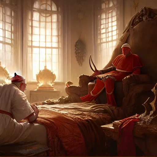 Image similar to the pope is in his bedroom, scared because a horned demon is attacking him. highly detailed painting by gaston bussiere, greg rutkowski, craig mullins 8 k