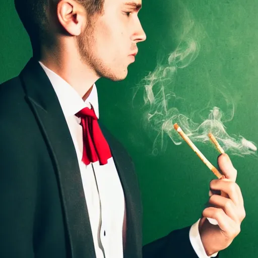 Prompt: side view head and shoulders man with dark brown hair smoking cigarettes wearing red suit with green tie dramatic moody lighting melancholy