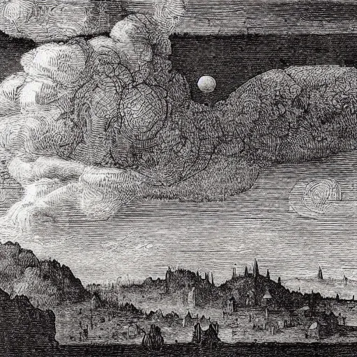 Prompt: foggy night sky, black and white, high detail, engraving, engraved, albrecht durer