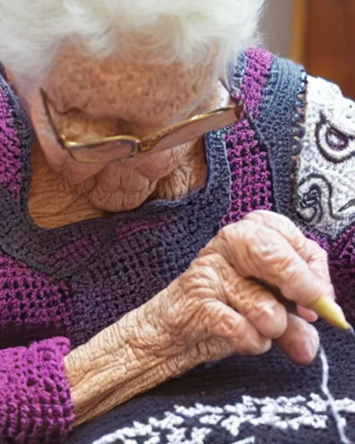 Prompt: a beautiful photograph of an elderly woman’s hands crocheting an Afghan, her hands are highly realistic and accurate.