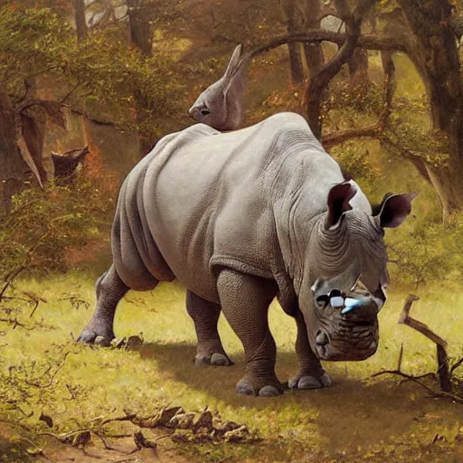 Image similar to a charles r. knight painting of a rhino / squirrel in its natural habitat