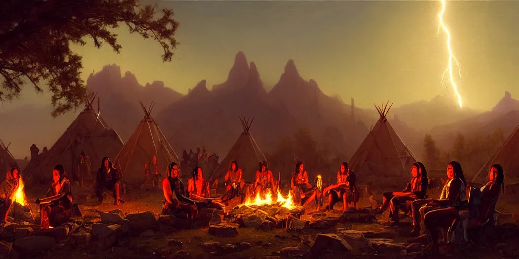 Image similar to a group of some native americans and their cyborgs sitting together at a fire in front of some tipis, beatiful mountain background, cyberpunk, by albert bierstadt, by greg rutkowski, highly detailed, warm lightning, digital painting