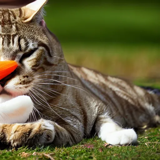 Image similar to big tabby cat with white paws biting a carrot