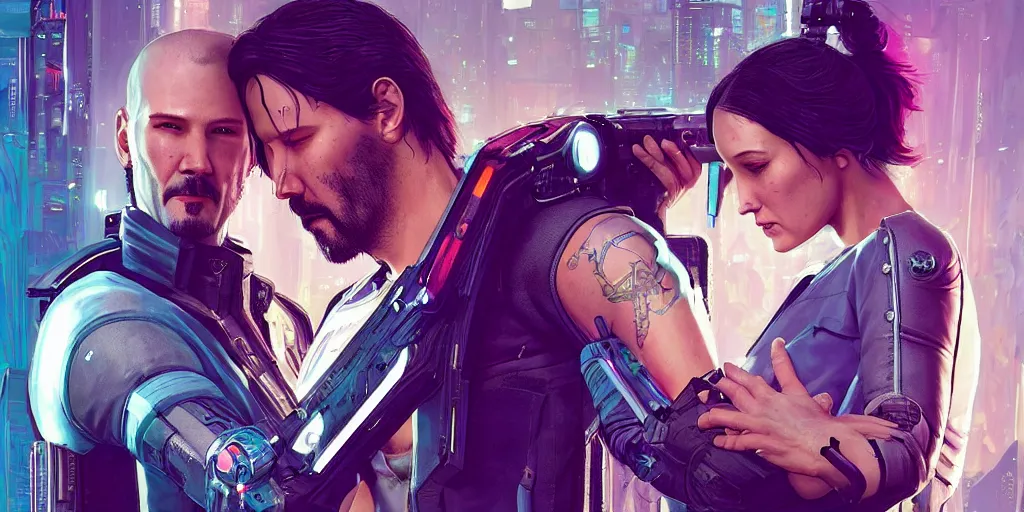 Image similar to a cyberpunk 2077 srcreenshot couple portrait of Keanu Reeves and a female android in final kiss,love,film lighting,by Lawrence Alma-Tadema,Andrei Riabovitchev,Laurie Greasley,Dan Mumford,John Wick,Speed,Replicas,artstation,deviantart,FAN ART,full of color,Digital painting,face enhance,highly detailed,8K,octane,golden ratio,cinematic lighting