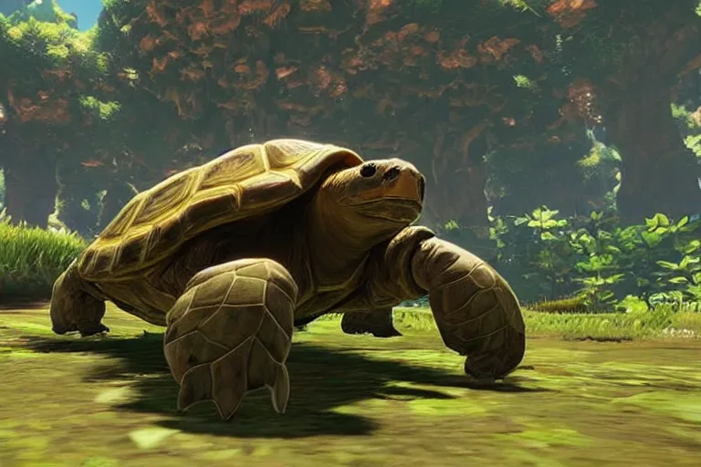 Prompt: in game footage of a tortoise from the legend of zelda breath of the wild, breath of the wild art style.