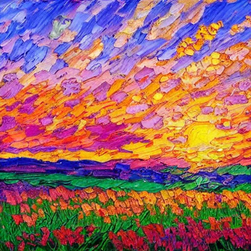 Image similar to a painting of a sunset over a field of flowers, an oil painting by erin hanson, deviantart, american impressionism, rich color palette, impressionism, fauvism