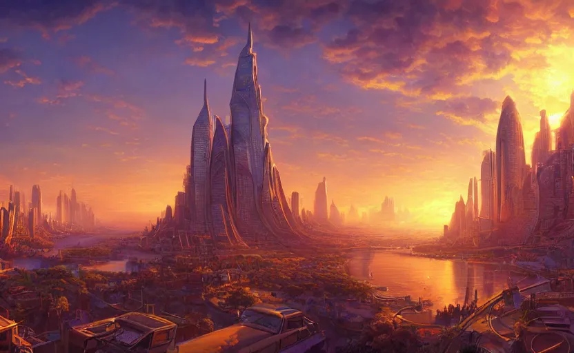 Prompt: a a utopian city, beautiful sunset, dynamic lighting, photorealistic fantasy concept art, trending on art station, stunning visuals, creative, cinematic, ultra detailed, ray tracing, sun rays, wonderous, amazing detail, style of tim hildebrandt