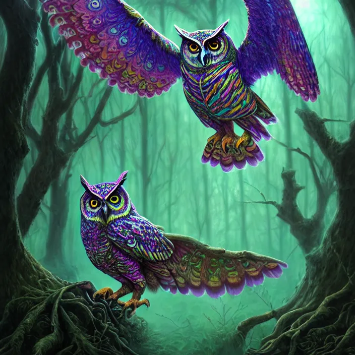 Prompt: psychedelic owl in haunted swamp, highly detailed, d & d, fantasy, highly detailed, digital painting, trending on artstation, concept art, sharp focus, illustration, oil on canvas, global illumination, ray tracing, realistic shaded, art by artgerm and greg rutkowski and fuji choko and viktoria gavrilenko and hoang lap