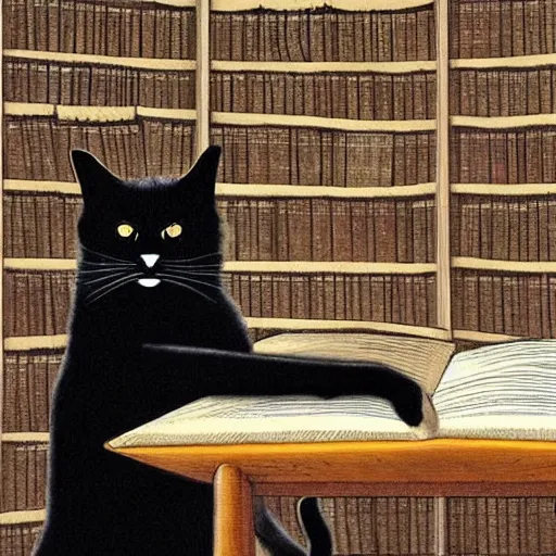 Prompt: one black cat with long hair over a wooden table raising his hand and trying to cast an spell from an old book in a victorian library, created by Dean MacAdam