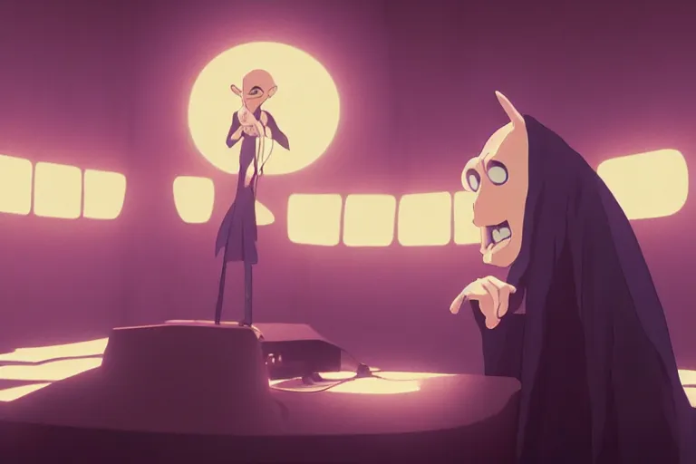 Prompt: a wholesome animation key shot of!! one!! focused!! popstar nosferatu!! singing at a concert!! wearing golden chain!!, medium shot, studio ghibli, ( pixar ) and disney animation, sharp, very detailed, high resolution, rendered in unreal engine 5, anime key art by greg rutkowski, bloom, dramatic lighting