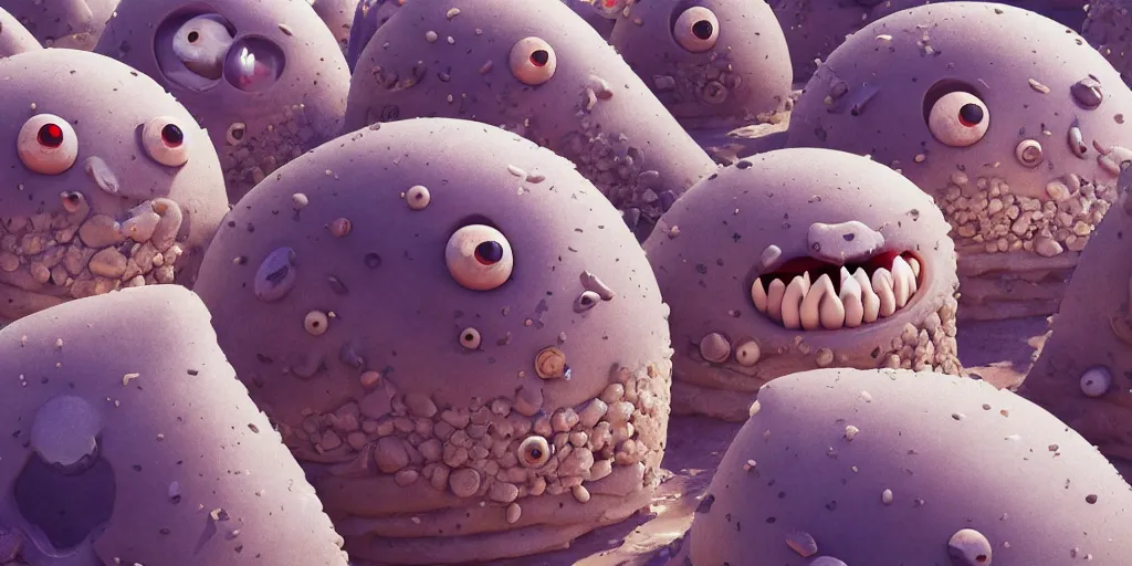 Prompt: of a sparse sunny dessert with strange cute friendly happy creatures with huge eyes, mouth, long tongues and round teeth forming from the ground, in the style of gehry, macro lens, shallow depth of field, highly detailed, digital painting, trending artstation, concept art, illustration, cinematic lighting, vibrant colors, photorealism, epic, octane render